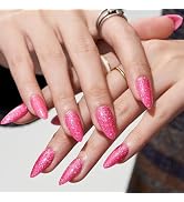 GLAMERMAID Hot Pink Almond Press on Nails, Handmade Jelly Gel Fake Nail with Sliver Glitter, Gala...