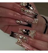 3D Bow Butterfly Charm Press on Nails Extra Long Ballerina Coffin Nails Rhinestones French Tip Ac...