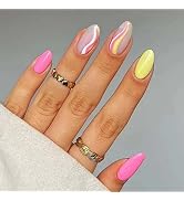 ANDGING Press on Nails Short Medium Almond, Fake Nails for Women with Simple Pink Yellow Rainbow ...