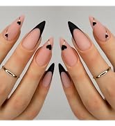 Valentine's Day Press on Nails Medium Almonds Fake Nails with Hearts Gold Lines Design Black Fren...