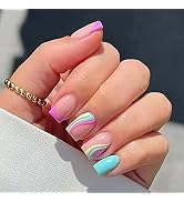 ANDGING Press on Nails Short Square, Fake Nails for Women with Nude Pink Blue Rainbow Curved Swir...