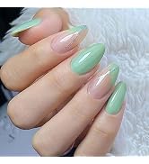 MUZOXEN Press on Nails Medium, Almond Fake Nail with Glossy Fir Green Designs, Acrylic Stick on N...