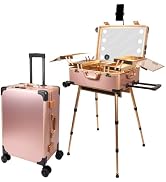 RUKEJUNE Rolling Makeup Train Case with Mirror and Lights Cosmetic Travel Box Mobile Barber Stati...
