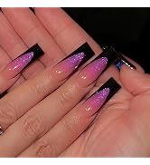 BABALAL Press on Nails Long Square Fake Nail Goth Black French Tip Glue on Nails Pink Glitter Bli...