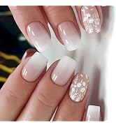 Press on Nails Short Square MABKJL French Fake Nails White Gradient Full Cover White Floral False...
