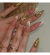 3D Flower Press on Nails Almond Medium Fake Nails French Tip Nails Press ons Summer Stick on Nail...