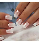 Chrome Press on Nails Short Square SWEKKE White Gradient Fake Nails Nude Pink Full Cover Glossy G...