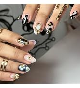 30Pcs Almond Press on Nails Glossy Fake Nails with Designs French Tip Glue on Nails Medium Gothic...