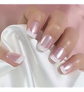 Elevenail Glossy Pearl Pink White French False Nails Medium Short Squoval Press on Nails Fake Man...
