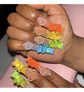 BABALAL Press on Nails Long Square Fake Nails Rainbow French Tip Glue on Nails 3D Bear Candy Char...