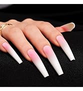 Long Pink Press On Nails, BettyCora XXXL Extra Long Coffin Press on Nails Ombre Fake Nails with N...