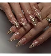 24Pcs Medium Almond Press on Nails Nude Fake Nails with Designs Glossy Acrylic Nails Full Cover G...