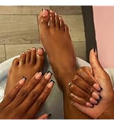 48Pcs Black French Tips Press on Nails and Toes With Simple Design, Glossy Nude Medium False Gel ...