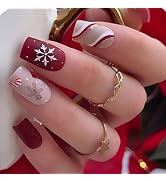 Christmas Press on Nails Short Red Square Fake Nails Winter Snowflake Acrylic False Nails with De...