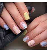 Easter Nails Press on Nails Short Square Fake Nails with Designs Cute Bunny Colorful Eggs Full Co...