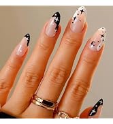 Press on Nails Short Almond Glamermaid, Black Stars Acrylic Fake Nails with Design Stiletto Glue ...