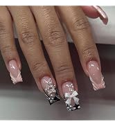 Medium Square Press on Nails Bow Fake Nails Black French Tip False Nails Press ons with 3D Bow St...