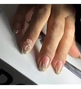 French Tip Press on Nails Flower Fake Nails Medium Almond Glue on Nails Full Cover Acrylic Nails ...
