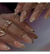 24Pcs Gold Press on Nails French Tip Nails Press ons Almond Medium Fake Nails Glossy 3D False Nai...
