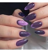 GLAMERMAID Purple Magnet Cat Eyes Press on Nails Short Almond, Aurora Handmade Jelly Gel Fake Nai...