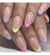 Glamermaid Press on Nails Colorful French Tip, Medium Almond Nude Fake Nails, Short Oval Round Gl...