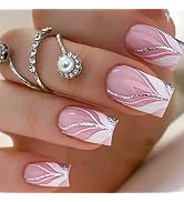 YOSOMK Nude Pink Press on Nails Short Square Fake Nails with Designs Glossy Full Cover Stick on N...
