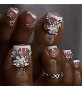 White French Tips Press on Toenails Full Cover Pearl 3D White Flower Nail Charm Fake Toenails Sum...