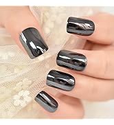 Classic Dark Gray Black Glossy False Nails Reflective Mirror Acrylic Nail Tips Punk Style Square ...