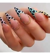 MUZOXEN French Tip Press on Nails Long, Almond Fake Nails with Rhinestones Heart Cow print Design...