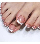 YOSOMK Press on Toenails Short U French Tip Pink Glitter Square False Toe Nails Tips Nude Fake To...