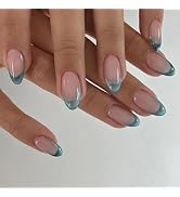 Blue French Tip Press on Nails Medium Almond Fake Nails Glossy False Nails Press ons with Glitter...