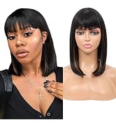 Kalyss Short Bob Wigs with Hair Bangs Black Wigs with Brown Highlights Heat Resistant Synthetic S...