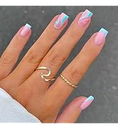 ANDGING Press on Nails Short Square, Fake Nails for Women with Nude Pink Blue Rainbow Curved Swir...