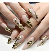 Gold French Tip Press on Nails Stiletto Fake Nails Nude False Nails with 3D Gold Irregularity Chr...