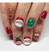Christmas Press on Nails Short Square Fake Nails Cartoon Santa Claus & Reindeer Design Glitter Fa...