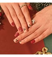 Christmas Red Press On Nails Short Xmas Fake Nails Retro Square Christmas Leaves Nail Press On Gl...