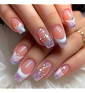 Purple French Tip Press on Nails Short Fake Nails with Rhinestones Glitter Designs Coffin Nails P...