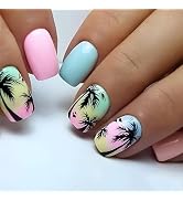 Short Press on Nails Square Fake Nails with Coconut Palm Designs Blue Pink Acrylic Nails Summer N...