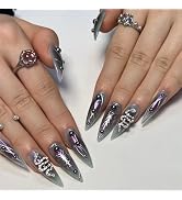 IFMOPETY Press on Nails Stiletto Long Almond Pearls Fake Nails with 3D Snakes Gothic Design Full ...