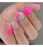 Square Press on Nails Short Fake Nails with Flower Designs Glossy Nails Press ons Pink Acrylic Na...
