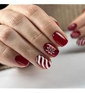 Christmas Red Press on Nails Short Square Fake Nails Winter Xmas Glue on Nails Snowflake Candy St...
