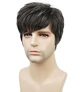 Wiginway Men Wig Short Straight Natural Wigs Pixie Cut Hair Synthetic Wig Dark Brown Mixed Gray