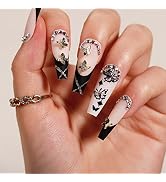 Hand-Made Press on Nails, BettyCora Long Coffin with Rhinestone Butterfly Design, 12 Sizes 24 Nai...