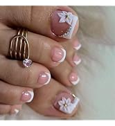 French Tip Press on Toenails Short Square Fake Toe Nails White Flower False Toenails 3D Floral To...