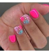Flower Press on Nails Short Square Fake Nails Press ons with Designs Pink False Nails Glossy Full...