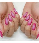 GLAMERMAID Hot Pink Ombre Press on Nails Medium Almond, Aurora Fake Crush Nails Short Oval, Gloss...