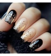 MISUD Press on Nails - Short Square Fake Nails with Black French Tip, Acrylic Bling Gold Glitter ...