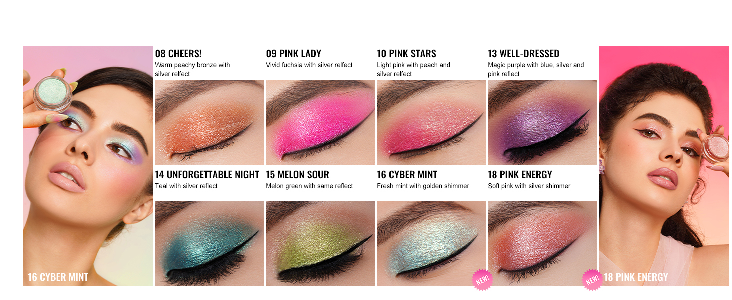 Eyeshadow palette showcasing various shimmery shades applied to eyelids, including pink, green, gold, and blue. Close-up shots demonstrate color intensity and application.