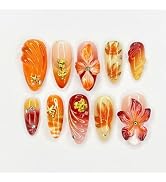 30 Pcs Fall Press on Nails Medium Almond Fake Nails with 3D Flower Gold Rose Rhinestones Design G...