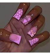 MERVF Duck Nails Press On Medium Heart Pink French Tip Glue Nails with Bow Design Cute Valentines...